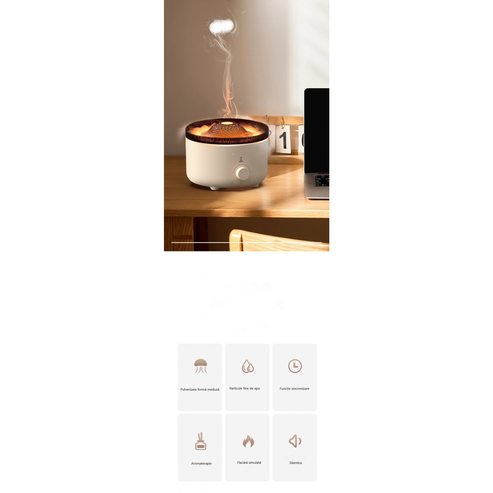 Umidificator de tip vulcan, Kaveny, cu aromaterapie, cu telecomanda, 560 ml, model V21A, alb