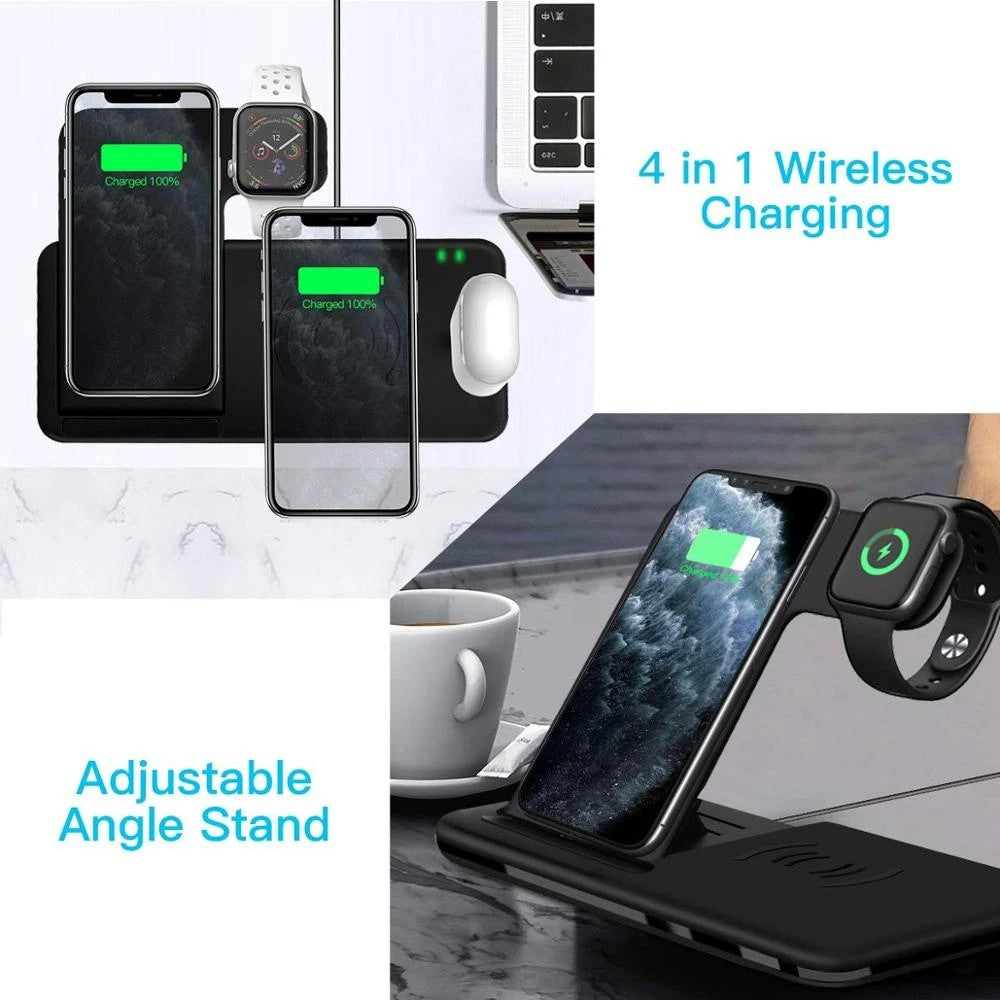 Incarcator Wireless FastCharge Kadeny 4 In 1, design pliabil, 15W, Compatibil Apple Watch, Airpods, iPhone, Android, Samsung, Huawei, Xiaomi, Oppo, Negru