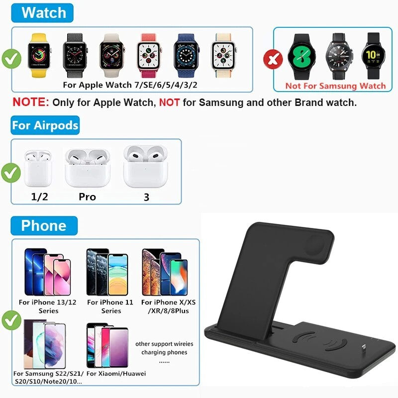 Incarcator Wireless FastCharge Kadeny 4 In 1, design pliabil, 15W, Compatibil Apple Watch, Airpods, iPhone, Android, Samsung, Huawei, Xiaomi, Oppo, Negru