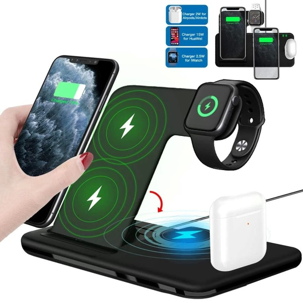 Incarcator Wireless FastCharge Kadeny 4 In 1, design pliabil, 15W, Compatibil Apple Watch, Airpods, iPhone, Android, Samsung, Huawei, Xiaomi, Oppo, Negru