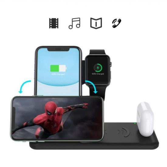 Incarcator Wireless FastCharge Kadeny 4 In 1, design pliabil, 15W, Compatibil Apple Watch, Airpods, iPhone, Android, Samsung, Huawei, Xiaomi, Oppo, Negru
