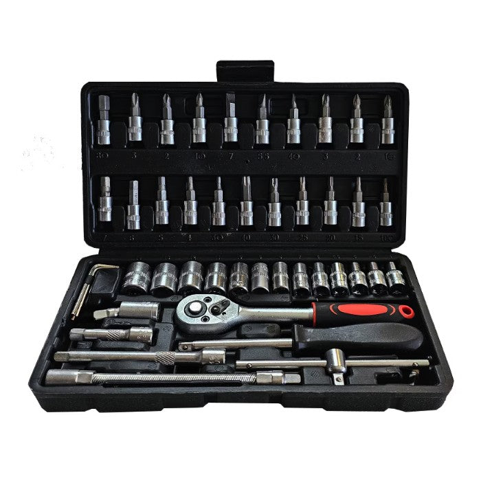 Chei tubulare Set 46 de Piese, Kadeny, Trusa Scule de Reparatii Auto, Prelungitoare Rigid si Flexibil, Articulatie Cardanica, Antrenor de Forta Glisant, Adaptoare, Maner pentru Surubelnita, 23 x 12 x 4 cm, 1.9 kg, Cutie Neagra