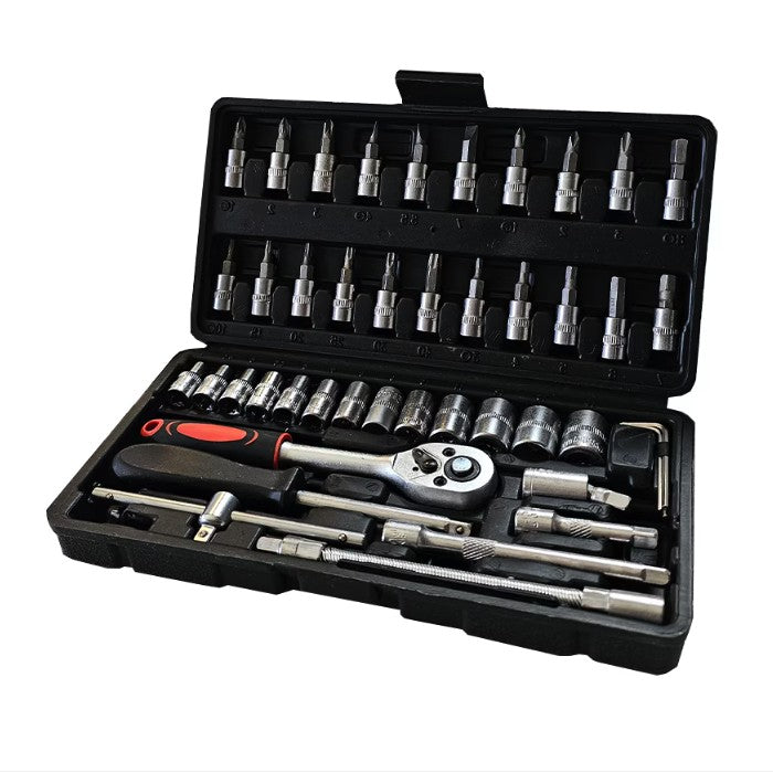 Chei tubulare Set 46 de Piese, Kadeny, Trusa Scule de Reparatii Auto, Prelungitoare Rigid si Flexibil, Articulatie Cardanica, Antrenor de Forta Glisant, Adaptoare, Maner pentru Surubelnita, 23 x 12 x 4 cm, 1.9 kg, Cutie Neagra