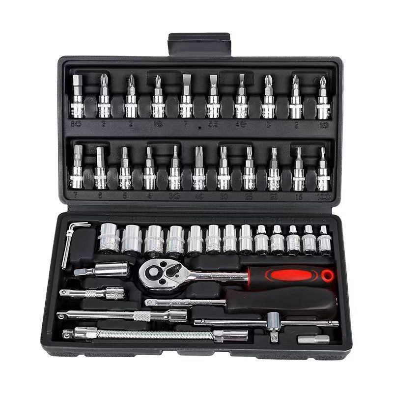 Chei tubulare Set 46 de Piese, Kadeny, Trusa Scule de Reparatii Auto, Prelungitoare Rigid si Flexibil, Articulatie Cardanica, Antrenor de Forta Glisant, Adaptoare, Maner pentru Surubelnita, 23 x 12 x 4 cm, 1.9 kg, Cutie Neagra