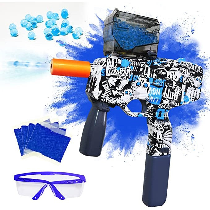 Mitraliera de jucarie electrica Kaveny cu bile de hidrogen de gel, gun bluster, tragere in rafala, varsta peste 6 ani, ochelari de protectie, 5000 de bile incluse, cablu de incarcare, 40.1 x 31.6 cm, Mp9, albastru