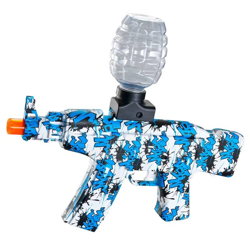 Mitraliera de jucarie electrica Kaveny cu bile de hidrogen de gel, gun bluster, tragere in rafala, varsta peste 6 ani, sageti cu ventuze de spuma, amorizor, ochelari de protectie, 5000 de bile incluse, cablu de incarcare, 28x31 cm, AK47, albastru