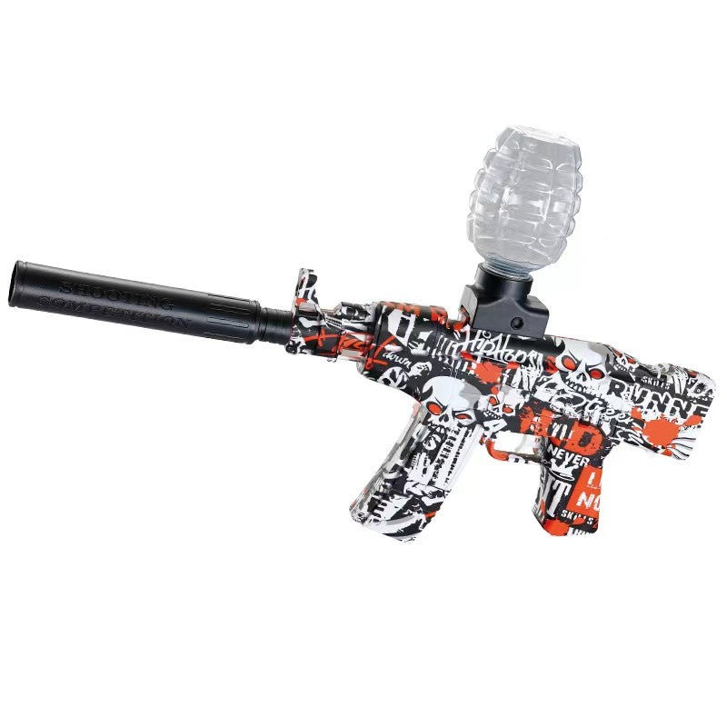 Mitraliera de jucarie electrica Kaveny cu bile de hidrogen de gel, gun bluster, tragere in rafala, varsta peste 6 ani, sageti cu ventuze de spuma, amortizor, ochelari de protectie, 5000 de bile incluse, cablu de incarcare, 28x31 cm, AK47, rosu