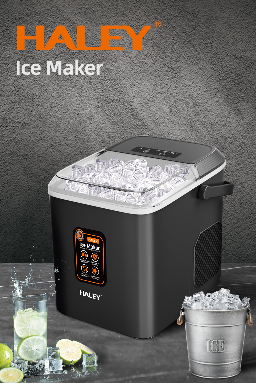 Masina de Gheata HALEY, 12 kg/24h, Compacta, Avertizare Gheata Plina si Apa Joasa, Curatare Automata, 112W