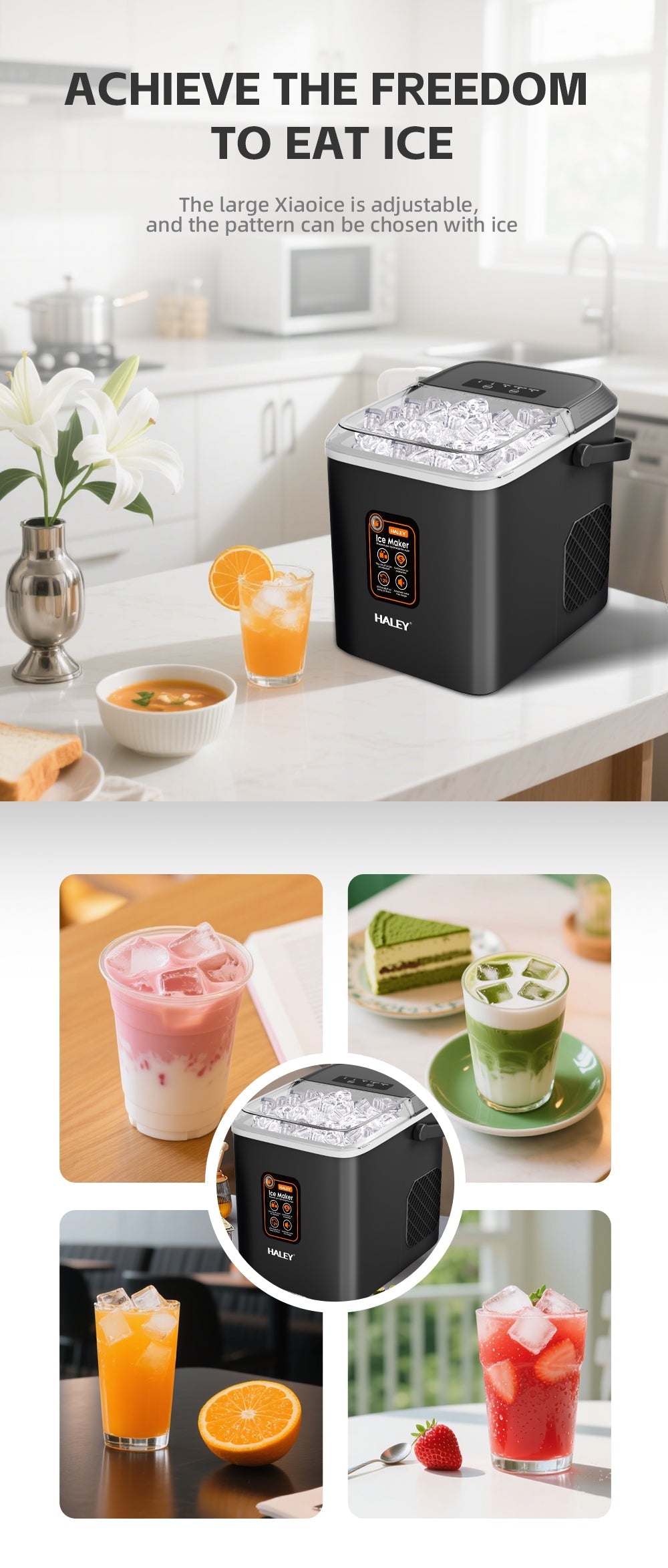 Masina de Gheata HALEY, 12 kg/24h, Compacta, Avertizare Gheata Plina si Apa Joasa, Curatare Automata, 112W