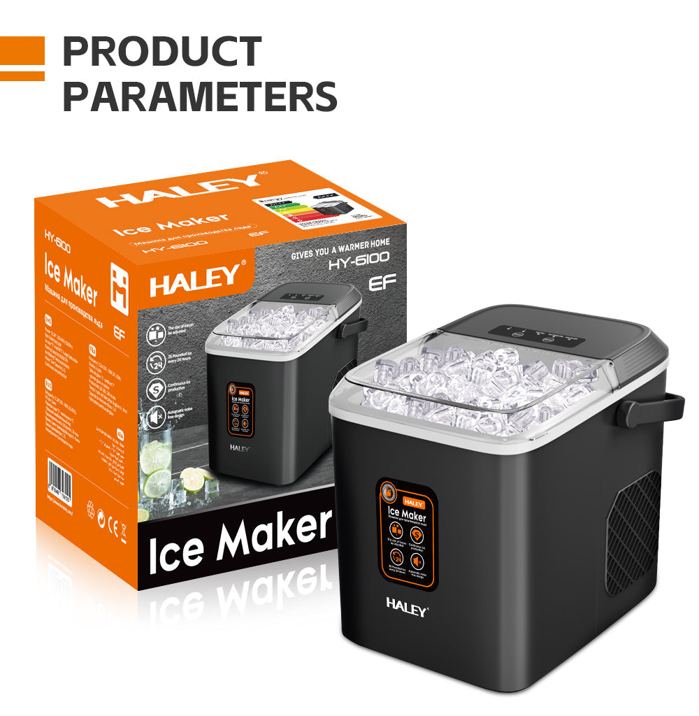 Masina de Gheata HALEY, 12 kg/24h, Compacta, Avertizare Gheata Plina si Apa Joasa, Curatare Automata, 112W
