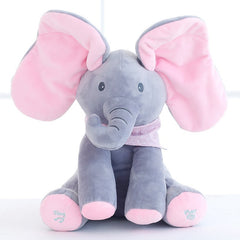 Jucarie Interactiva pentru Copii, Kaveny, Elefantel Peek-a-boo, Muzica, Misca Urechile, Alimentare cu Baterii, 30 cm, Roz-Gri