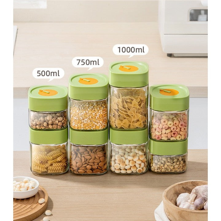 Borcan Alimentar din sticla cu Capac Vid, Kaveny, 750 ml, Inchidere Ermetica pentru Orice Tip de Produse, Design Patrat, 10 x 10 x 12.5 cm, Transparenta cu Capac Verde