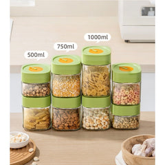 Borcan Alimentar din sticla cu Capac Vid, Kaveny, 750 ml, Inchidere Ermetica pentru Orice Tip de Produse, Design Patrat, 10 x 10 x 12.5 cm, Transparenta cu Capac Verde