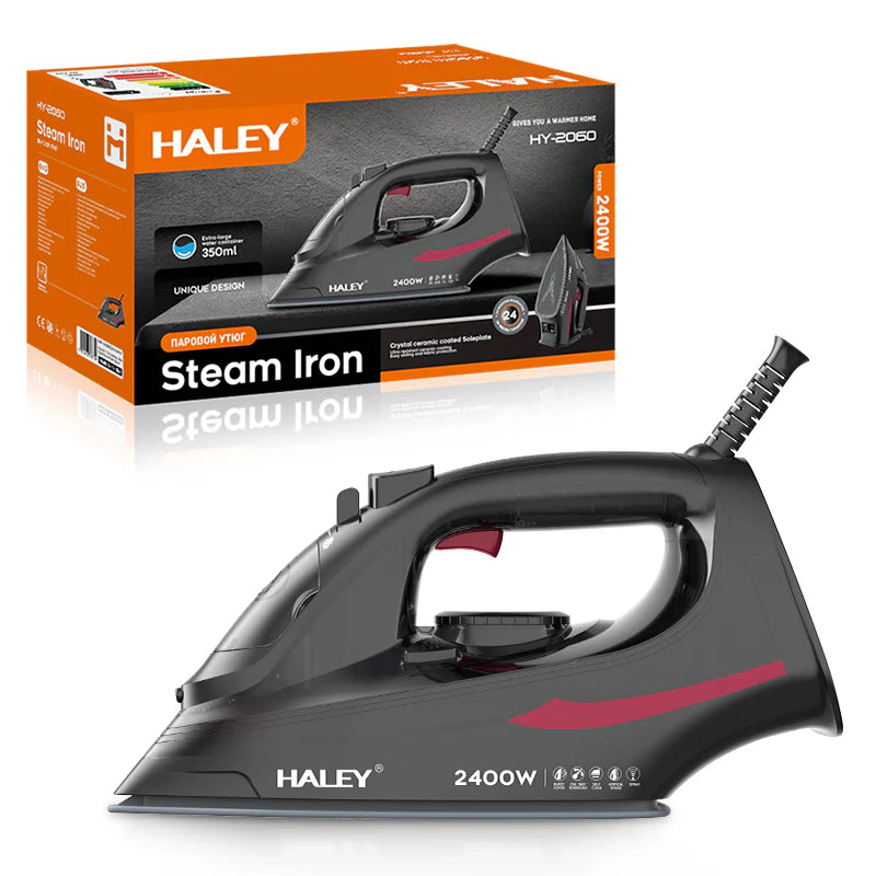 Fier de calcat cu abur HALEY® HY-2060, 2400W, Talpa ceramica, Abur vertical, Auto-curatare,  Negru