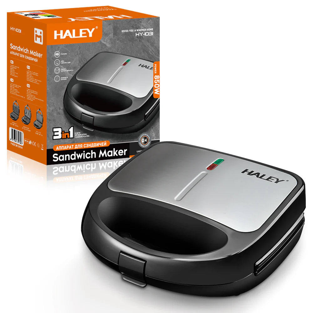 Sandwich Maker 3 in 1 HALEY® HY-1031, Placi Antiaderente, Grill si Waffle, Design Compact, Negru