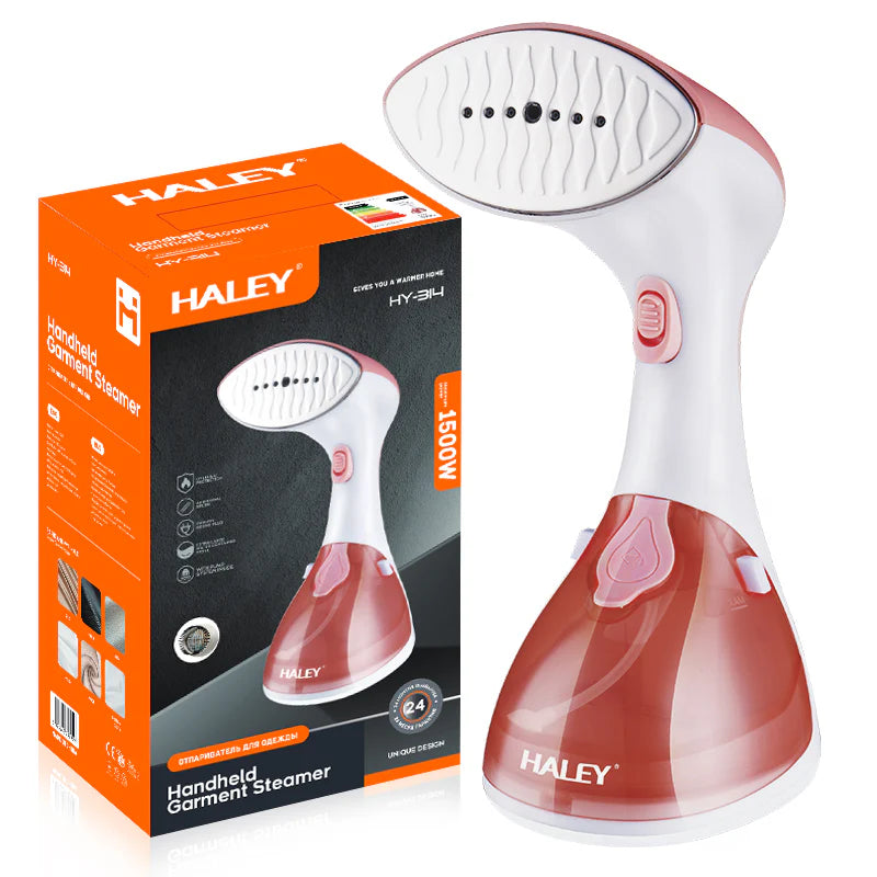 Fier de Calcat Vertical cu Abur HALEY HY-314, 1500W, Design Compact, Incalzire Rapida in 25 Secunde si Performanta Profesionala, Alb/Roz