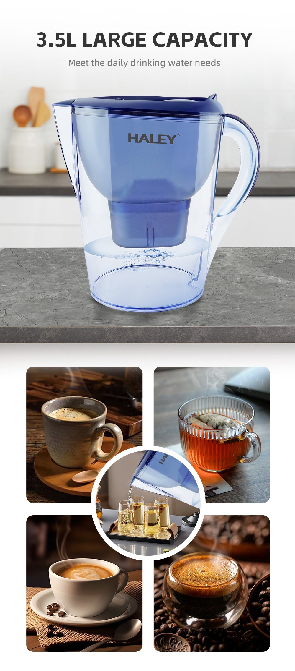 Cana Filtranta Apa HALEY 3.5L Albastra – Filtru Multistrat, Gura Anti-Praf, Indicator Schimb Filtru, Design Compact