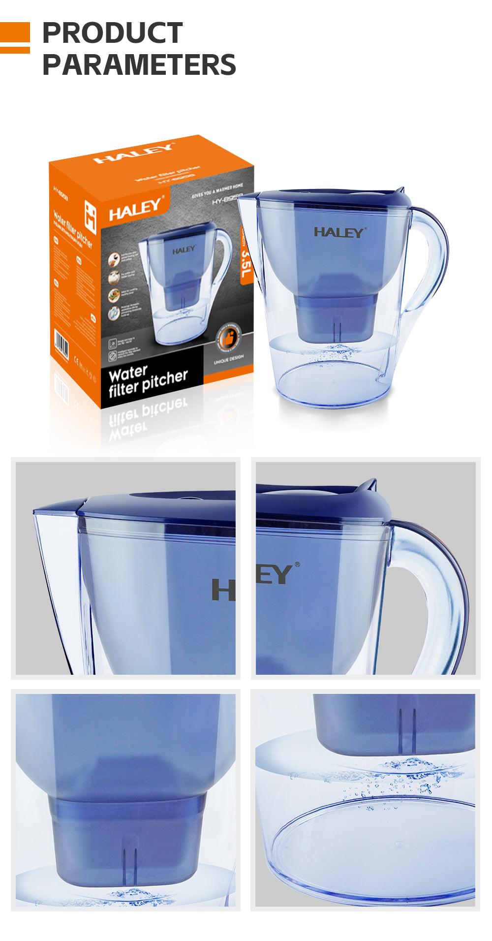 Cana Filtranta Apa HALEY 3.5L Albastra – Filtru Multistrat, Gura Anti-Praf, Indicator Schimb Filtru, Design Compact