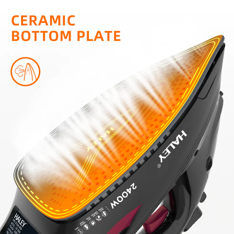 Fier de calcat cu abur HALEY® HY-2060, 2400W, Talpa ceramica, Abur vertical, Auto-curatare,  Negru