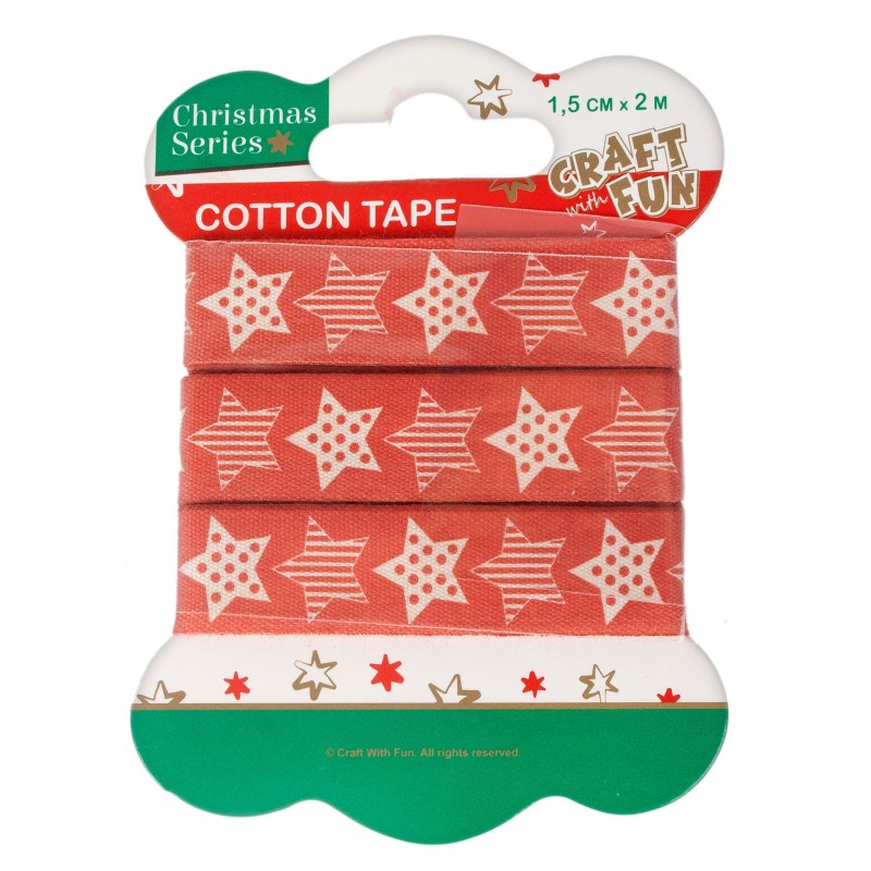 Banda decorativa - stelute, 1.5cm x 2m, bumbac, rosu, Craft with Fun, Cotton Tape