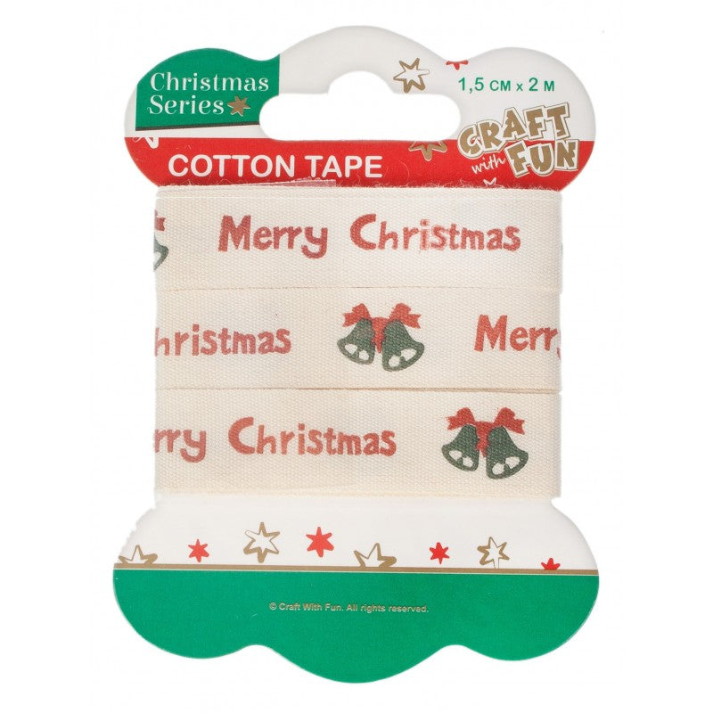Banda decorativa - Merry Christmas, 1.5cm x 2m, bumbac, alb, Craft with Fun, Cotton Tape
