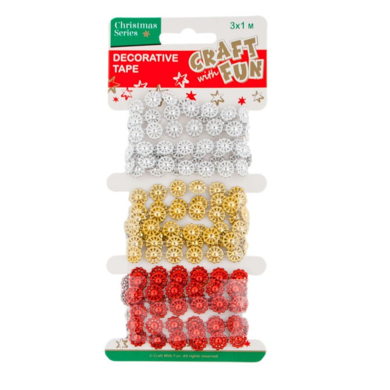 Banda decorativa - fulgi de nea, 1m, plastic, set 3 buc, Craft with Fun, Decorative Tape, 412804