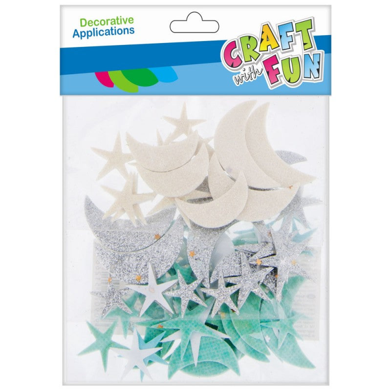 Forme decorative - hartie gumata autoadeziva - luna, stele, diverse culori, set 60 buc, Craft with Fun, 463748