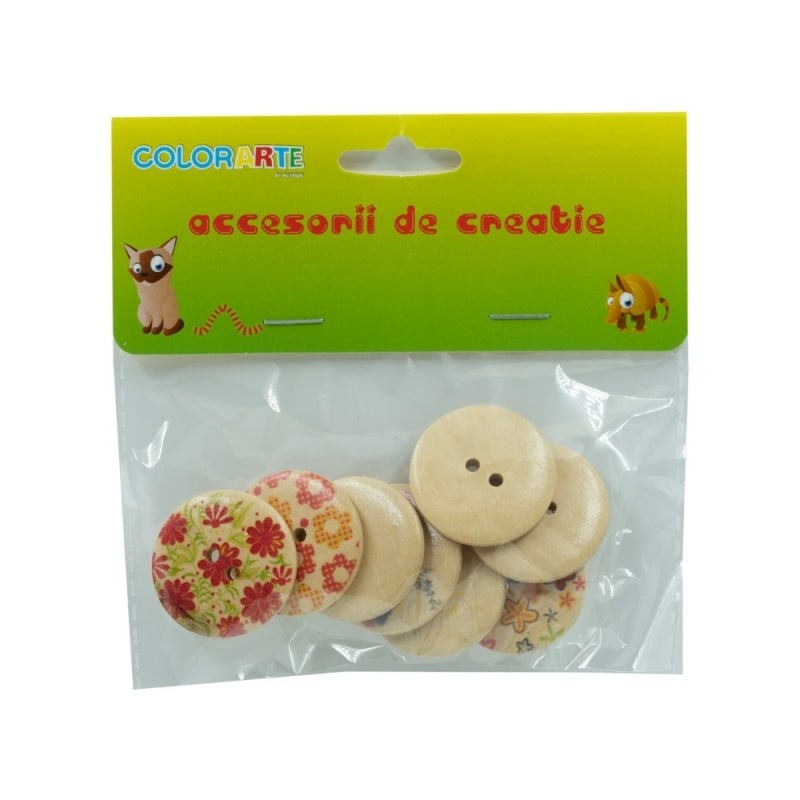 Accesorii creatie - lemn - nasturi, 30mm, natur cu modele flori, set 8 buc, Colorarte