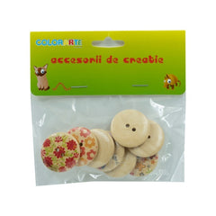 Accesorii creatie - lemn - nasturi, 30mm, natur cu modele flori, set 8 buc, Colorarte