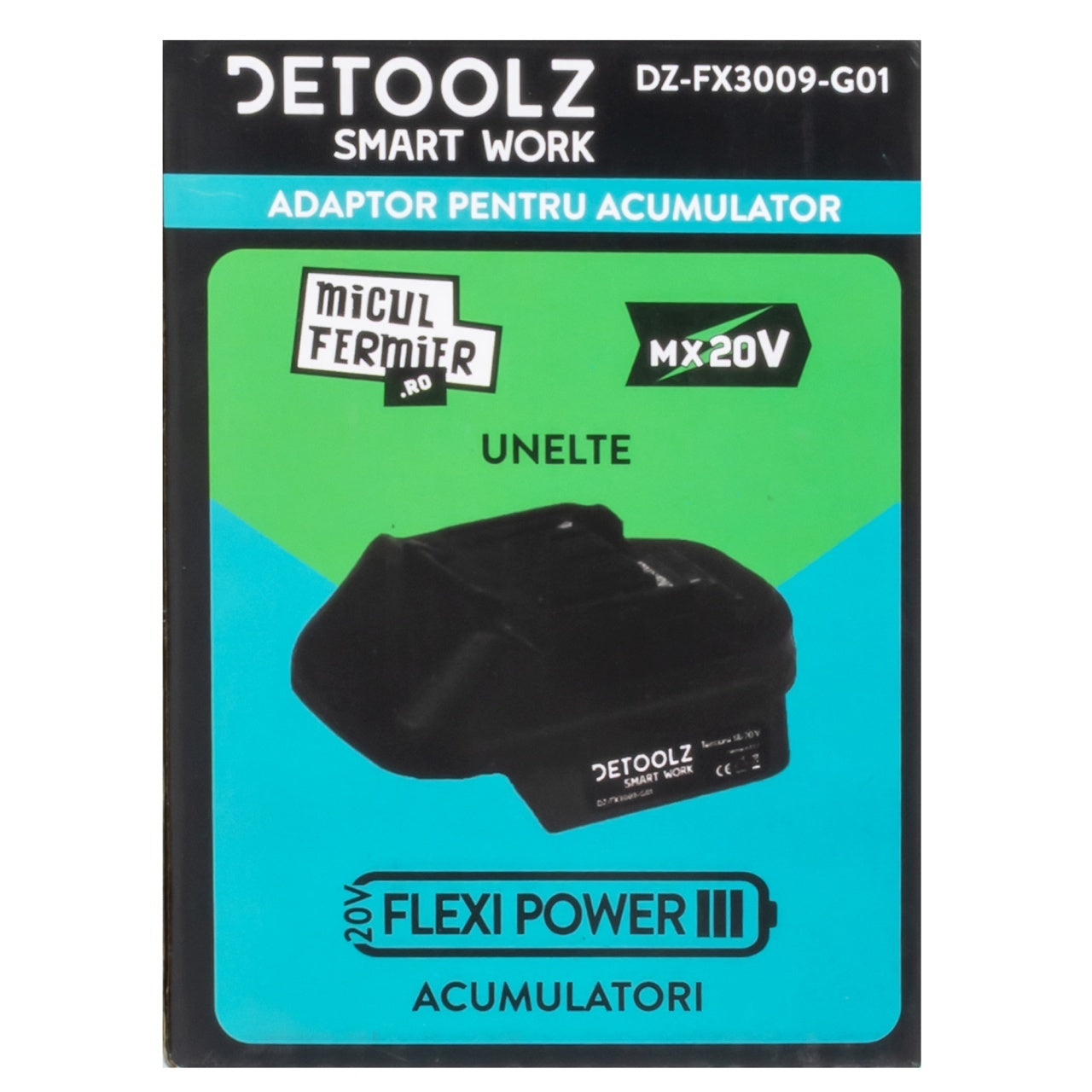 Adaptor Detoolz utilizare acumulator FlexiPower - echipamente Micul Fermier (compatibil Makita LXT)