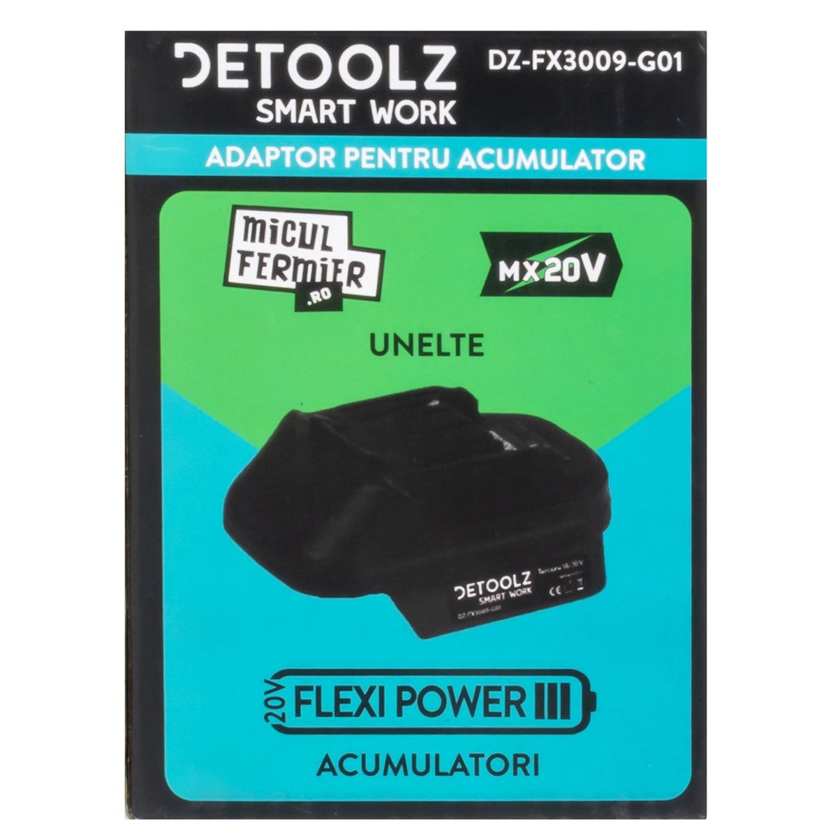Adaptor Detoolz utilizare acumulator FlexiPower - echipamente Micul Fermier (compatibil Makita LXT)