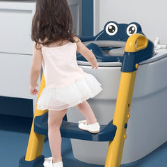 Reductor si Scaunel Inaltator WC, Kadeny, pentru Copii 1 - 7 Ani, 2 Trepte Reglabile, Pliabil, Colac Moale, cu Spatar si Manere, Inaltime 54/58 cm x 39.5 x 35 cm, din Plastic+PVC, Albastru/Portocaliu