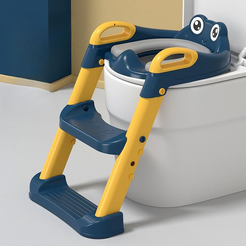 Reductor si Scaunel Inaltator WC, Kadeny, pentru Copii 1 - 7 Ani, 2 Trepte Reglabile, Pliabil, Colac Moale, cu Spatar si Manere, Inaltime 54/58 cm x 39.5 x 35 cm, din Plastic+PVC, Albastru/Portocaliu