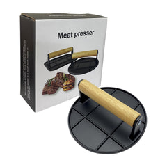 Presa Manuala pentru Carne, Kadeny, din Aliaj de Aluminiu, Maner din Lemn, Presa pentru Burgeri, Usor de Curatat si Folosit, Rotunda, 16x16x6 cm, Neagra