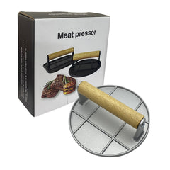 Presa Manuala pentru Carne, Kadeny, din Aliaj de Aluminiu, Maner din Lemn, Presa pentru Burgeri, Usor de Curatat si Folosit, Rotunda, 16x16x6 cm, Gri