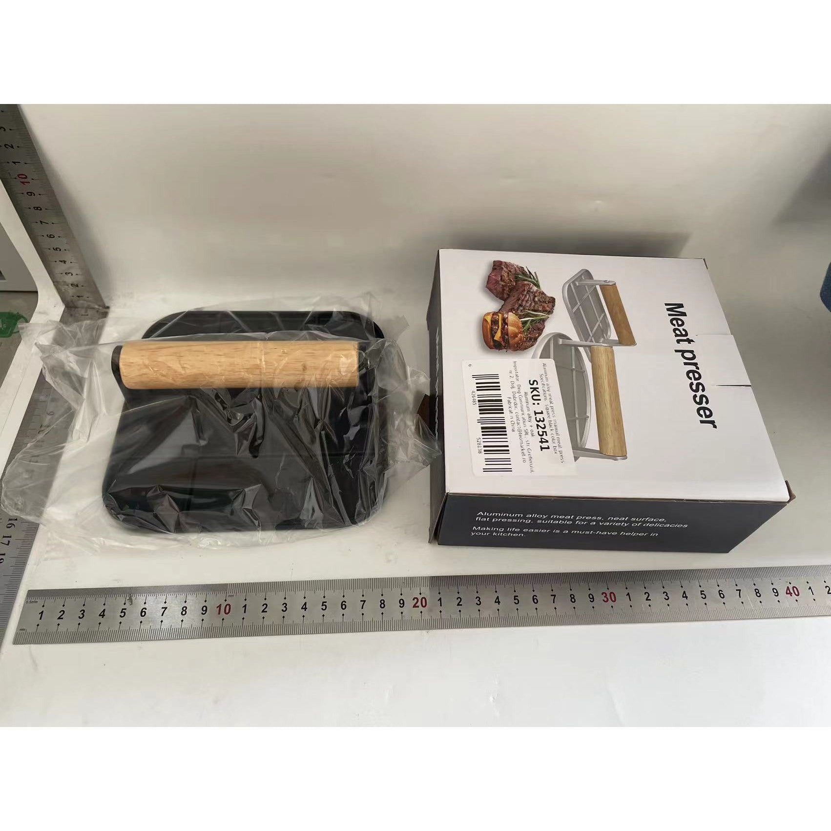 Presa Manuala pentru Carne, Kadeny, din Aliaj de Aluminiu, Maner din Lemn, Presa pentru Burgeri, Usor de Curatat si Folosit, Patrata, 16x16x6 cm, Neagra