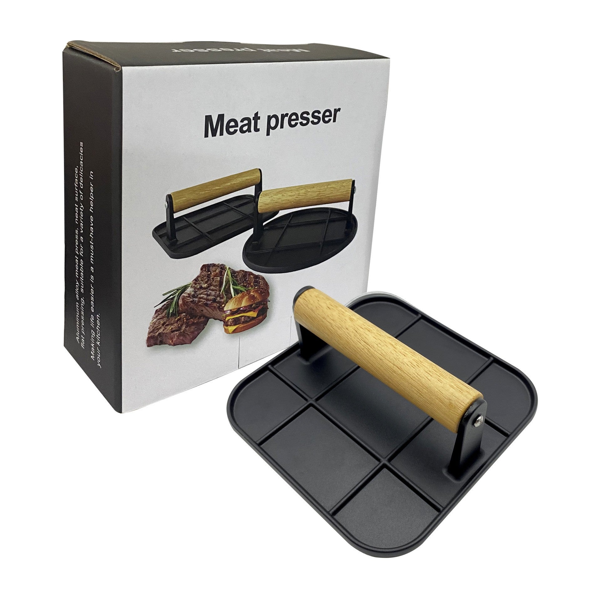 Presa Manuala pentru Carne, Kadeny, din Aliaj de Aluminiu, Maner din Lemn, Presa pentru Burgeri, Usor de Curatat si Folosit, Patrata, 16x16x6 cm, Neagra