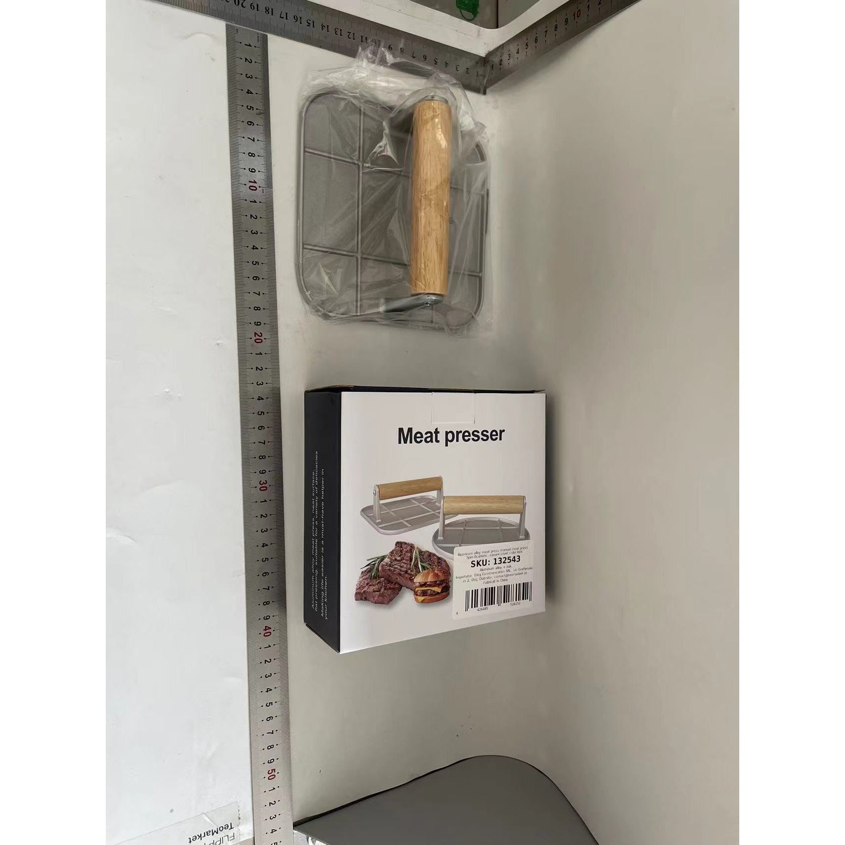 Presa Manuala pentru Carne, Kadeny, din Aliaj de Aluminiu, Maner din Lemn, Presa pentru Burgeri, Usor de Curatat si Folosit, Patrata, 16x16x6 cm, Gri