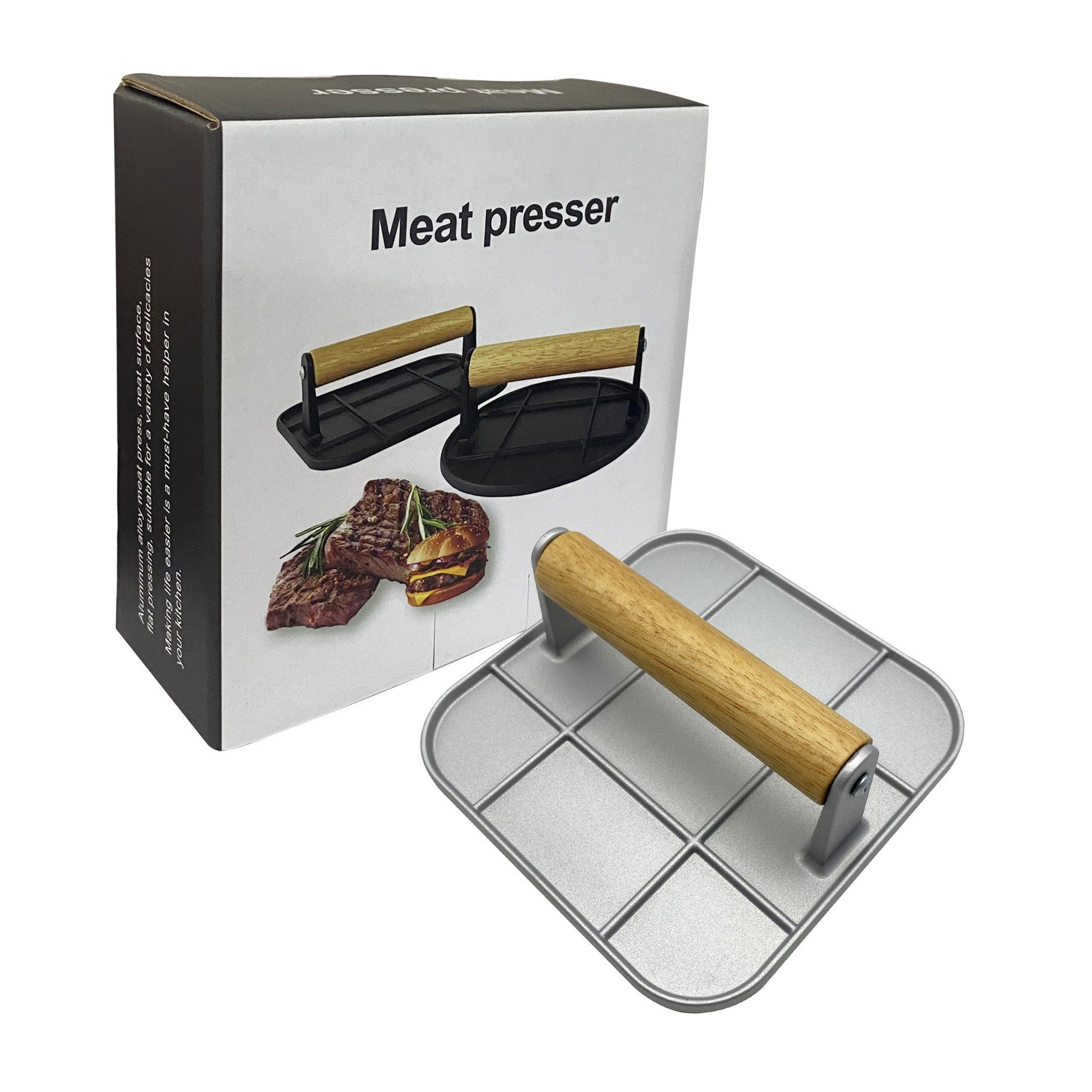 Presa Manuala pentru Carne, Kadeny, din Aliaj de Aluminiu, Maner din Lemn, Presa pentru Burgeri, Usor de Curatat si Folosit, Patrata, 16x16x6 cm, Gri