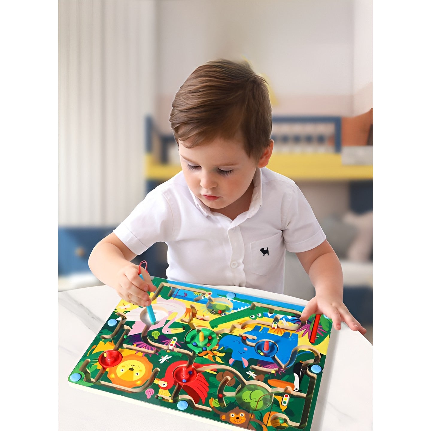 Joc Montessori de Sortare Culori, Kaveny, Creion Magnetic, Tip Labirint Ilustrat, din Lemn, Model Animale Salbatice, 39x29x1.5 cm