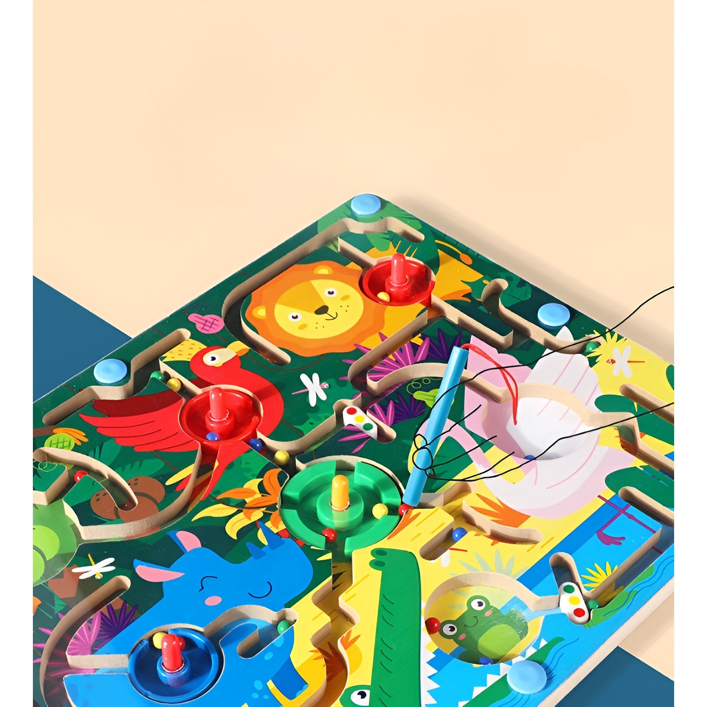 Joc Montessori de Sortare Culori, Kaveny, Creion Magnetic, Tip Labirint Ilustrat, din Lemn, Model Animale Salbatice, 39x29x1.5 cm