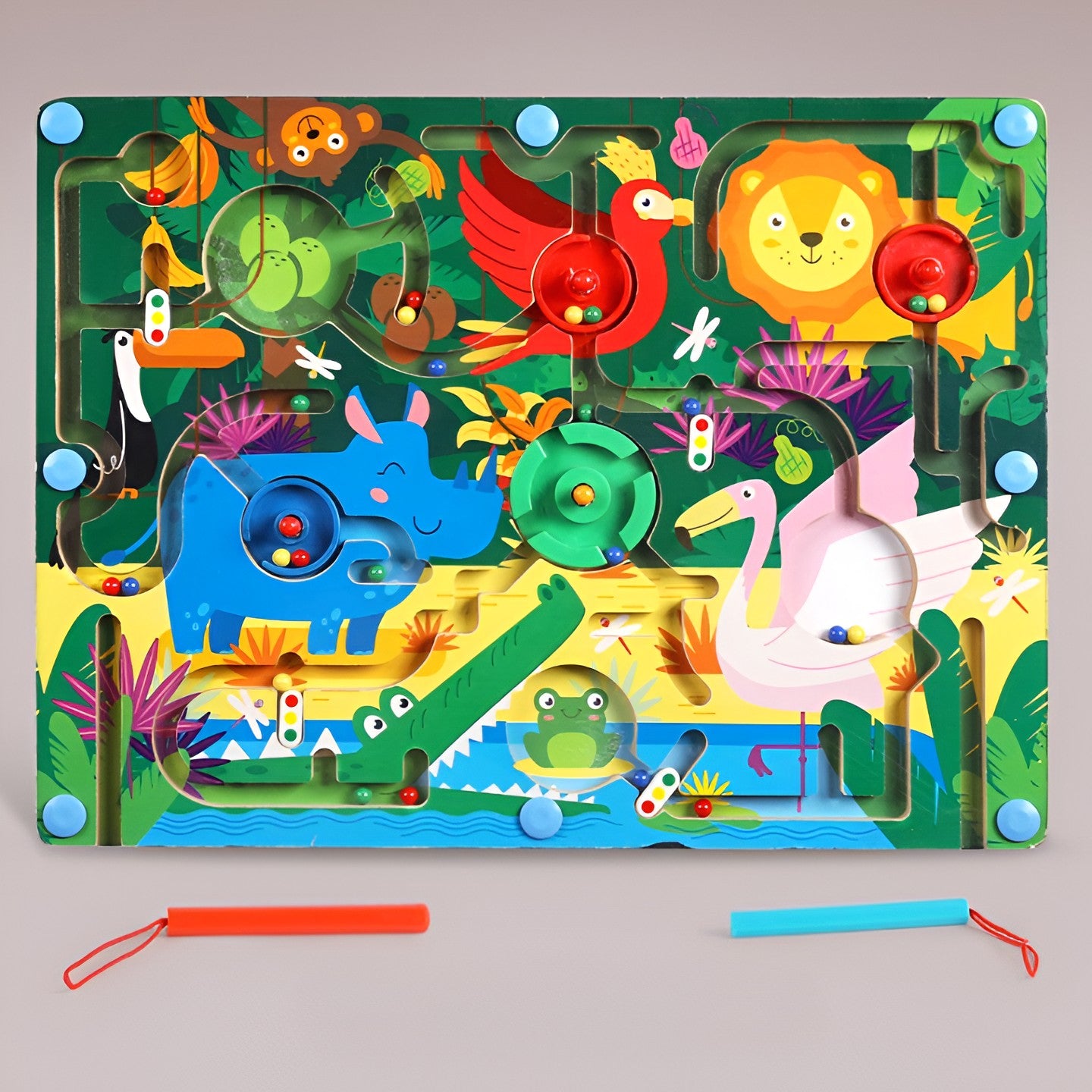 Joc Montessori de Sortare Culori, Kaveny, Creion Magnetic, Tip Labirint Ilustrat, din Lemn, Model Animale Salbatice, 39x29x1.5 cm