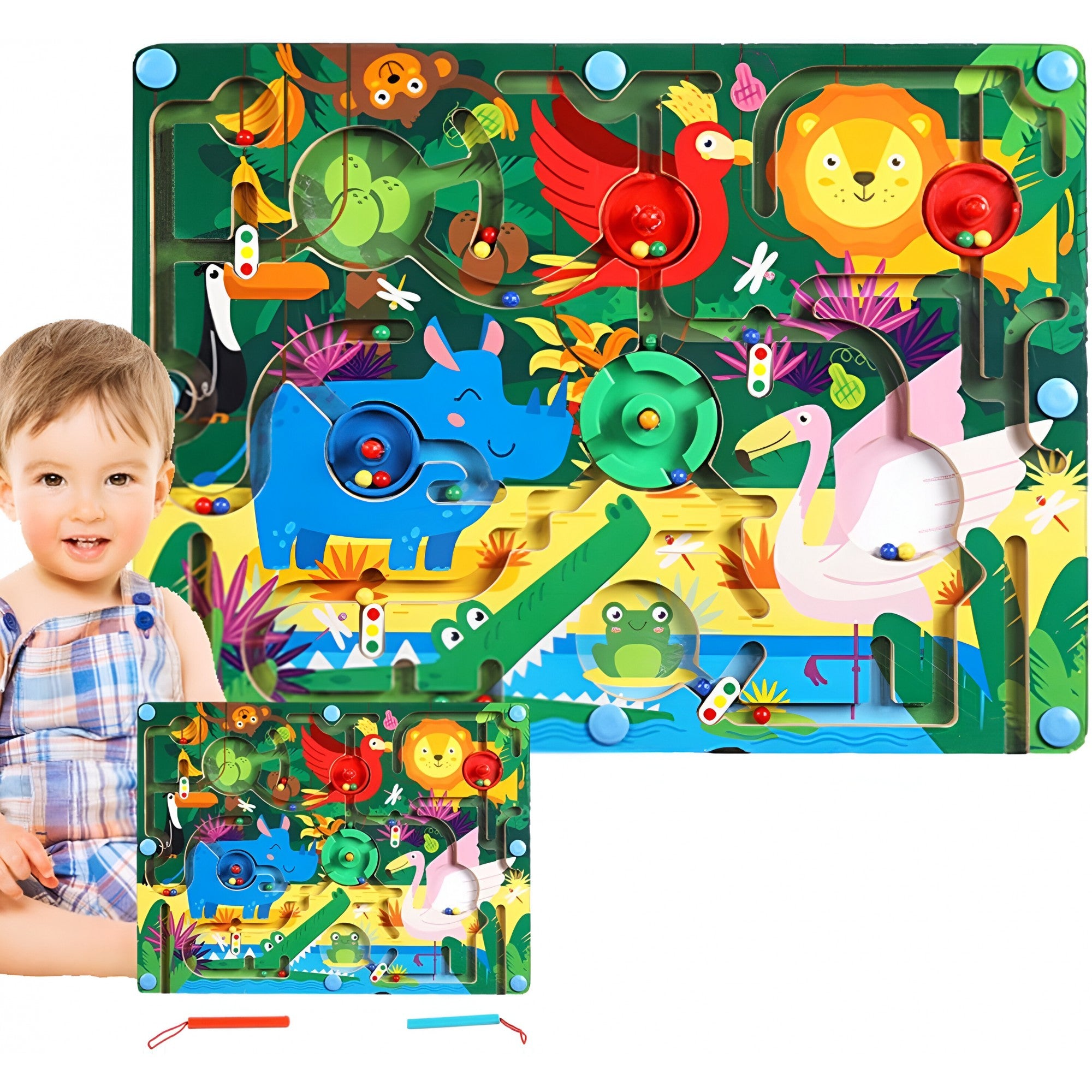 Joc Montessori de Sortare Culori, Kaveny, Creion Magnetic, Tip Labirint Ilustrat, din Lemn, Model Animale Salbatice, 39x29x1.5 cm