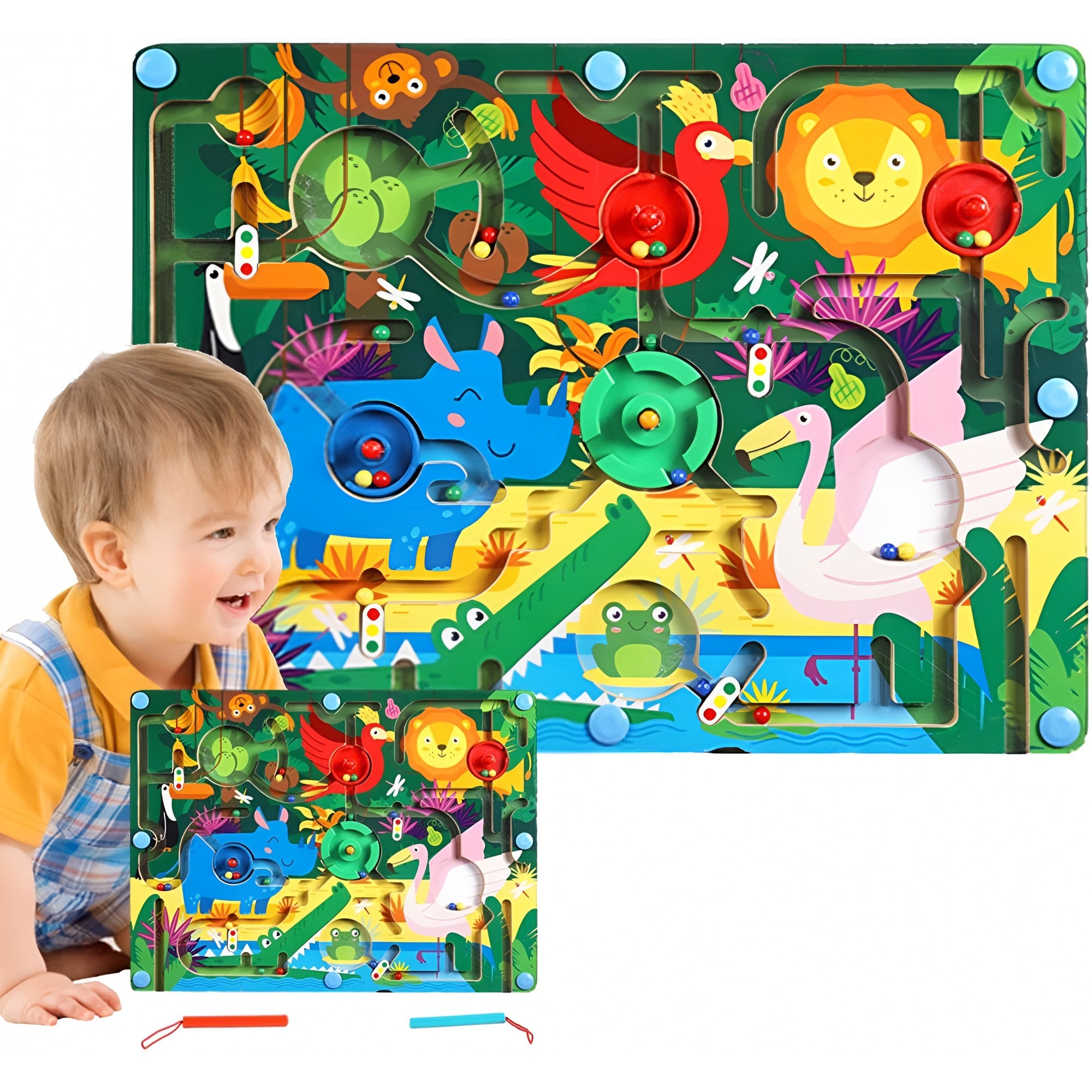 Joc Montessori de Sortare Culori, Kaveny, Creion Magnetic, Tip Labirint Ilustrat, din Lemn, Model Animale Salbatice, 39x29x1.5 cm
