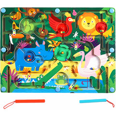 Joc Montessori de Sortare Culori, Kaveny, Creion Magnetic, Tip Labirint Ilustrat, din Lemn, Model Animale Salbatice, 39x29x1.5 cm