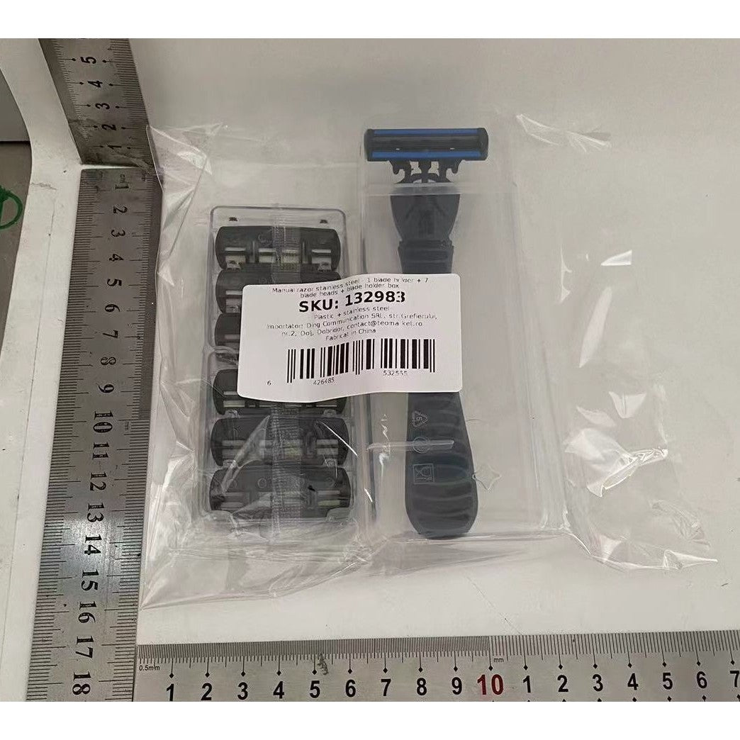 Aparat de Ras Manual, Kadeny, din Otel Inoxidabil, Suport Lama + 7 Capete de Schimb Incluse, Cutie pentru Lame, Negru