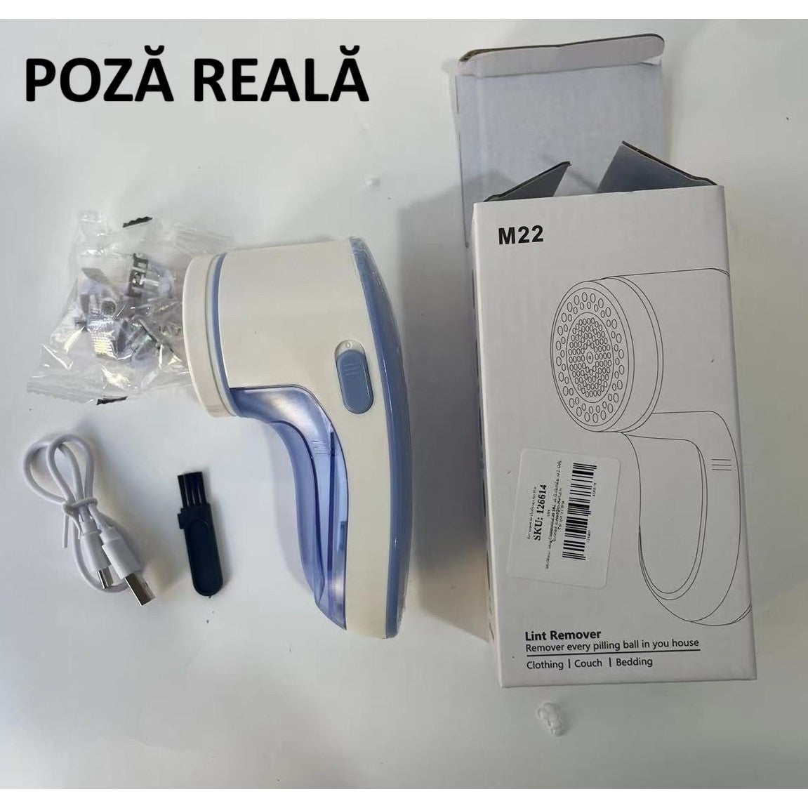Aparat Pentru Curatat Scame, Par Si Praf, Kaveny, Pentru Diferite Tipuri De Material, Cu Lame Din Otel Inoxidabil, Incarcare Prin USB Type-C, Cu Perie De Curatare si Cablu USB Incluse, Albastru, 15 x 7 cm