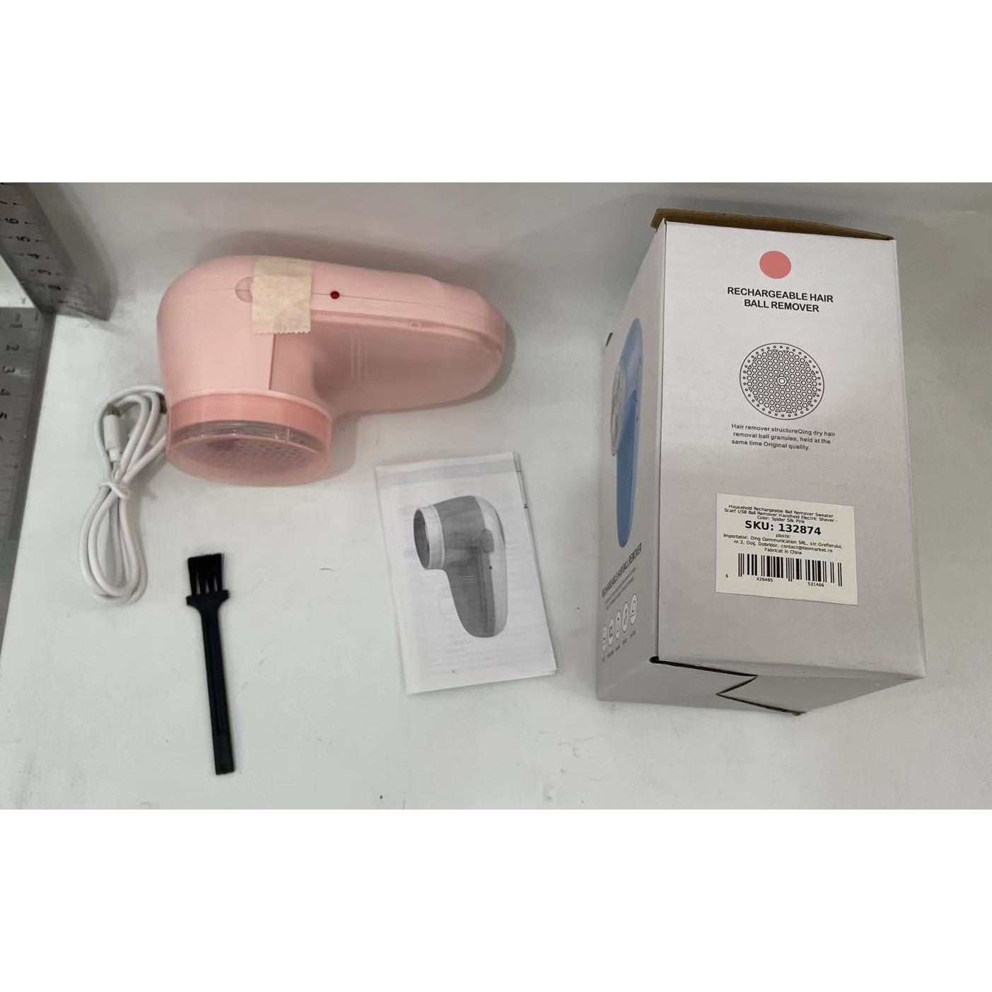 Aparat Scame si Par Haine, Kaveny, Electric, USB inclus, Periuta Curatare, pentru Diferite Tesaturi, 13 x 6.8 x 5.8 cm, Roz