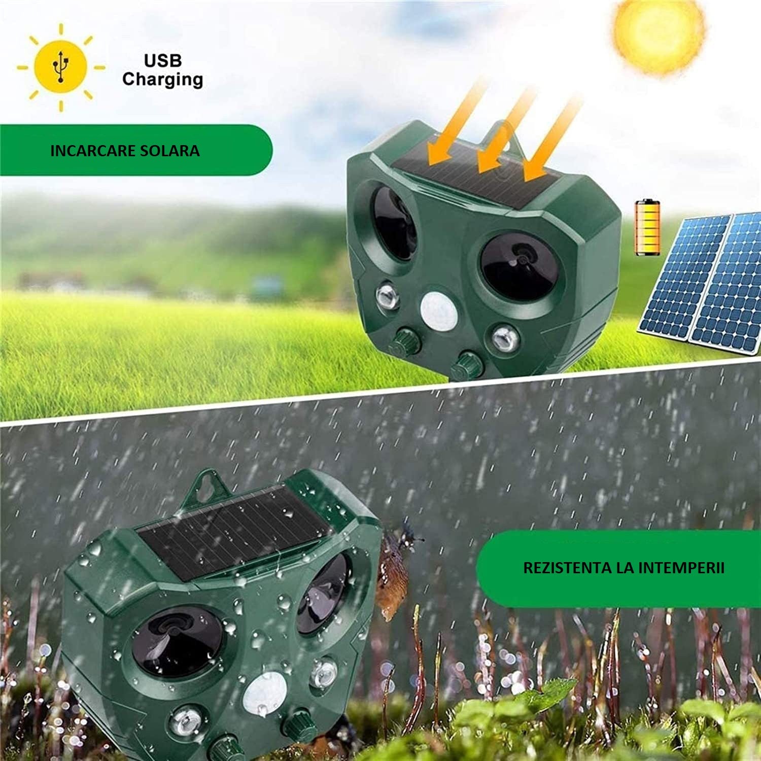 Aparat Solar LED cu Ultrasunete, Kadeny, Repelent pentru Animale Mari si Mici, Lumina Rosie si Alba, Anti Rozatoare, Anti Insecte, 15 x 14 x 24 cm, Verde