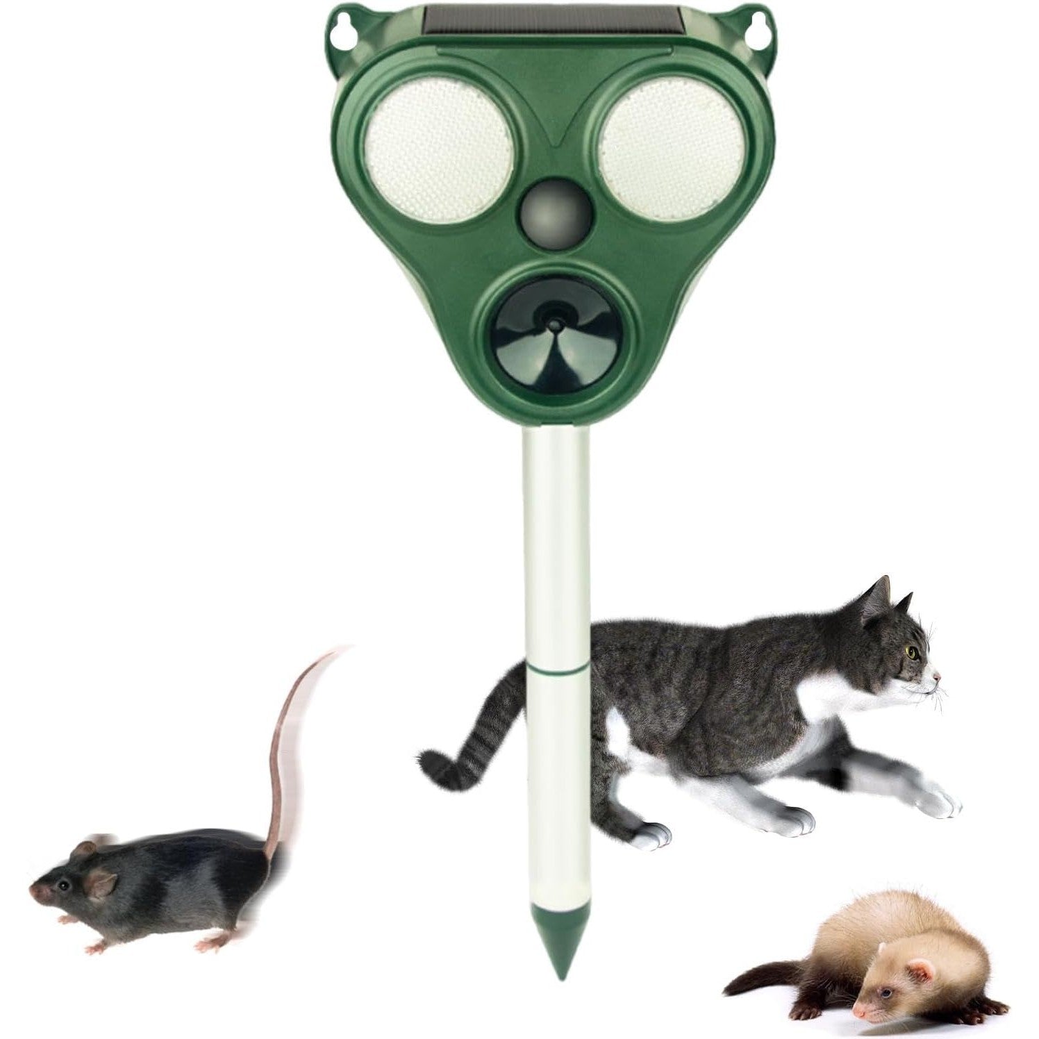 Aparat Solar LED cu Ultrasunete, Kadeny, Repelent pentru Animale Mari si Mici, Lumina Rosie si Alba, Anti Rozatoare, Anti Insecte, Frecventa 13.5KHZ-65 KHZ, Senzor PIR, 13 x 14.7 x 24.5 cm, Verde